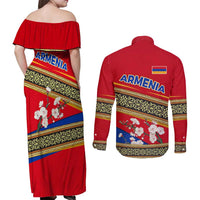 Armenia Traditional Pattern Couples Matching Off Shoulder Maxi Dress and Long Sleeve Button Shirt with Floral Motif and National Flag Design - Wonder Print Shop