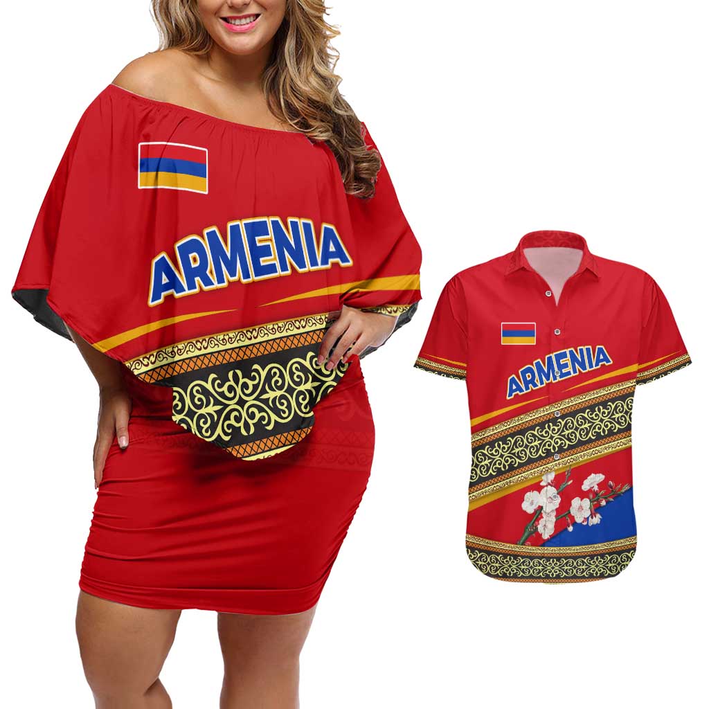 Armenia Traditional Pattern Couples Matching Off Shoulder Short Dress and Hawaiian Shirt with Floral Motif and National Flag Design - Wonder Print Shop