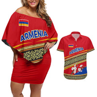 Armenia Traditional Pattern Couples Matching Off Shoulder Short Dress and Hawaiian Shirt with Floral Motif and National Flag Design - Wonder Print Shop
