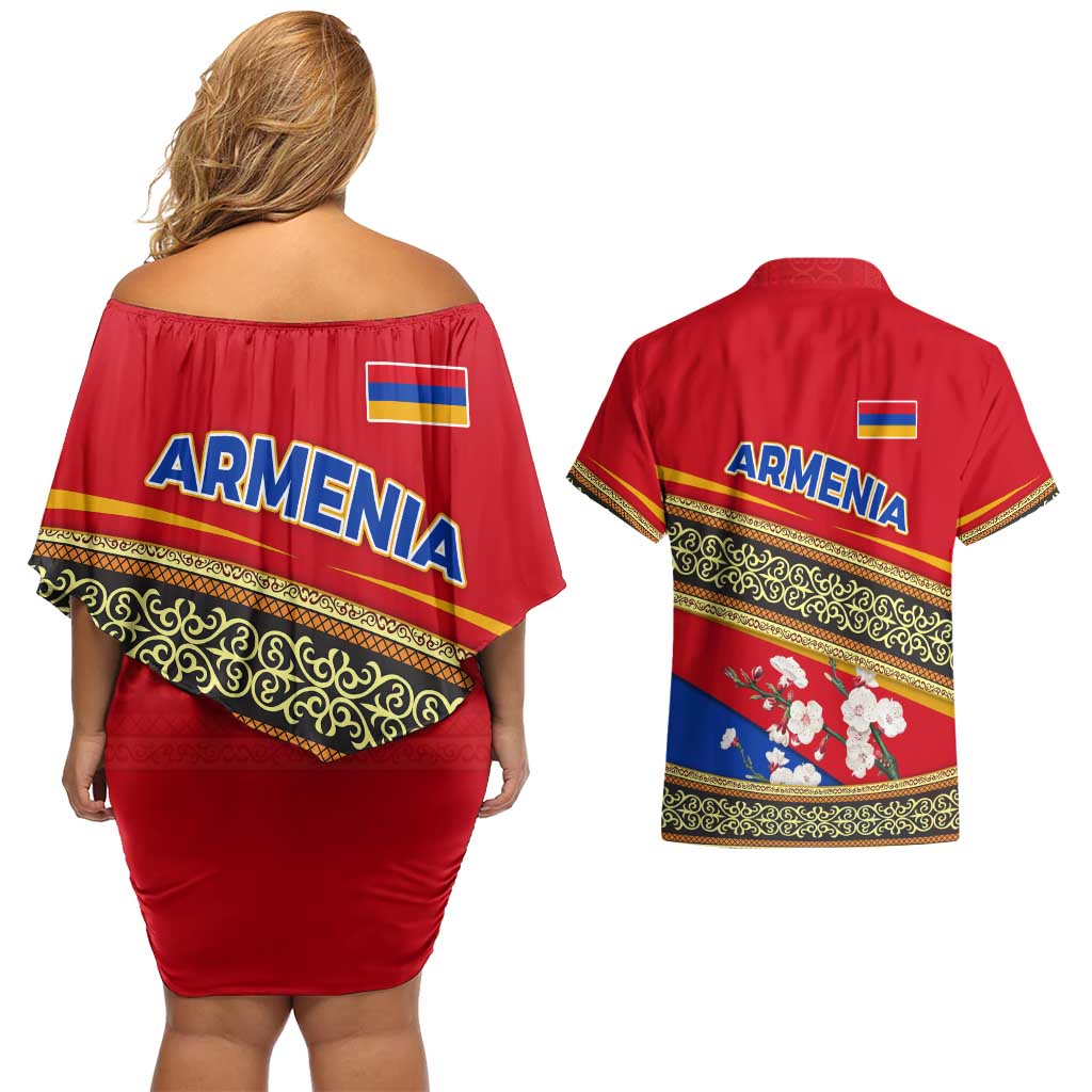 Armenia Traditional Pattern Couples Matching Off Shoulder Short Dress and Hawaiian Shirt with Floral Motif and National Flag Design - Wonder Print Shop