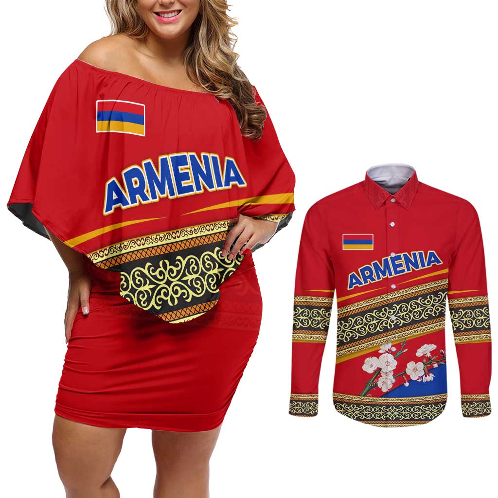 Armenia Traditional Pattern Couples Matching Off Shoulder Short Dress and Long Sleeve Button Shirt with Floral Motif and National Flag Design - Wonder Print Shop