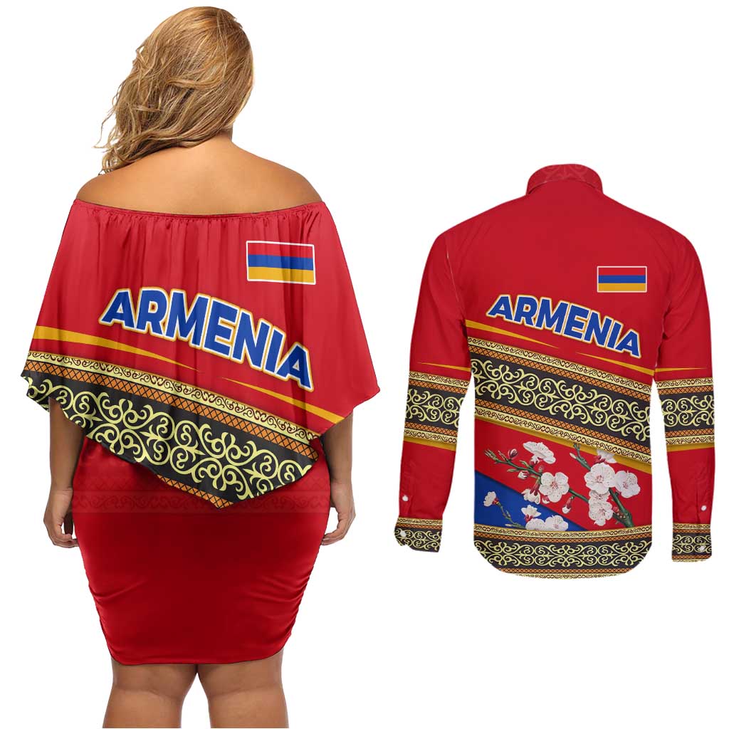 Armenia Traditional Pattern Couples Matching Off Shoulder Short Dress and Long Sleeve Button Shirt with Floral Motif and National Flag Design - Wonder Print Shop