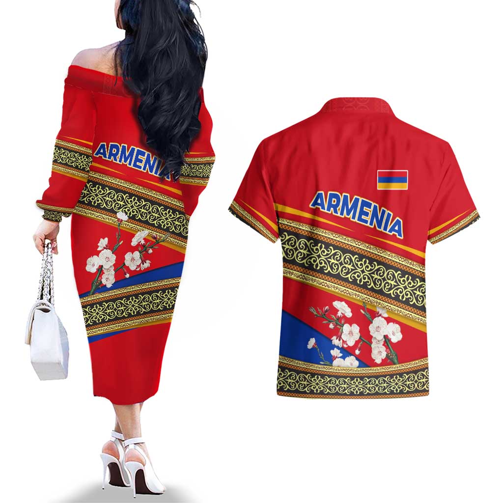 Armenia Traditional Pattern Couples Matching Off The Shoulder Long Sleeve Dress and Hawaiian Shirt with Floral Motif and National Flag Design - Wonder Print Shop