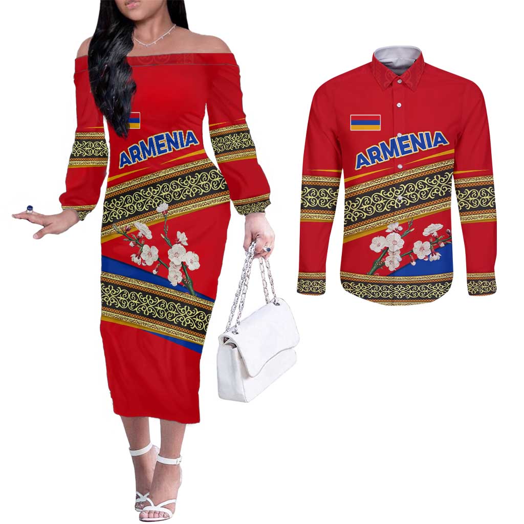 Armenia Traditional Pattern Couples Matching Off The Shoulder Long Sleeve Dress and Long Sleeve Button Shirt with Floral Motif and National Flag Design - Wonder Print Shop