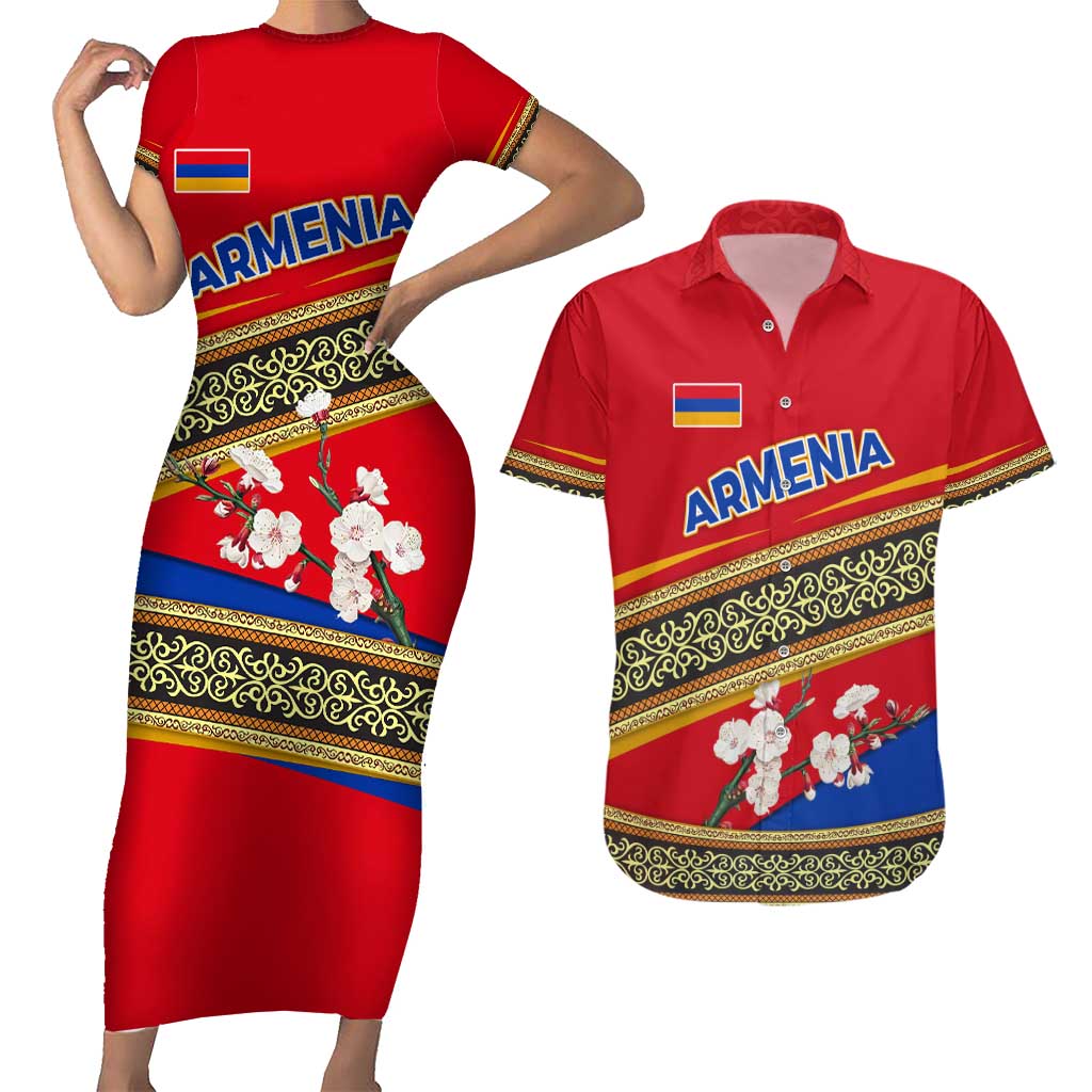 Armenia Traditional Pattern Couples Matching Short Sleeve Bodycon Dress and Hawaiian Shirt with Floral Motif and National Flag Design - Wonder Print Shop