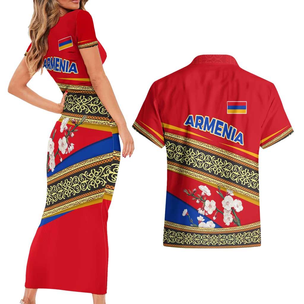 Armenia Traditional Pattern Couples Matching Short Sleeve Bodycon Dress and Hawaiian Shirt with Floral Motif and National Flag Design - Wonder Print Shop