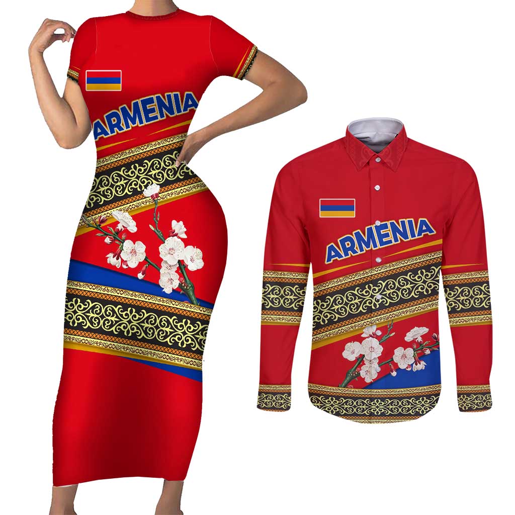 Armenia Traditional Pattern Couples Matching Short Sleeve Bodycon Dress and Long Sleeve Button Shirt with Floral Motif and National Flag Design - Wonder Print Shop