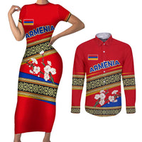 Armenia Traditional Pattern Couples Matching Short Sleeve Bodycon Dress and Long Sleeve Button Shirt with Floral Motif and National Flag Design - Wonder Print Shop