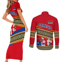 Armenia Traditional Pattern Couples Matching Short Sleeve Bodycon Dress and Long Sleeve Button Shirt with Floral Motif and National Flag Design - Wonder Print Shop