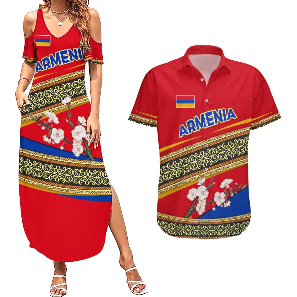Armenia Traditional Pattern Couples Matching Summer Maxi Dress and Hawaiian Shirt with Floral Motif and National Flag Design - Wonder Print Shop