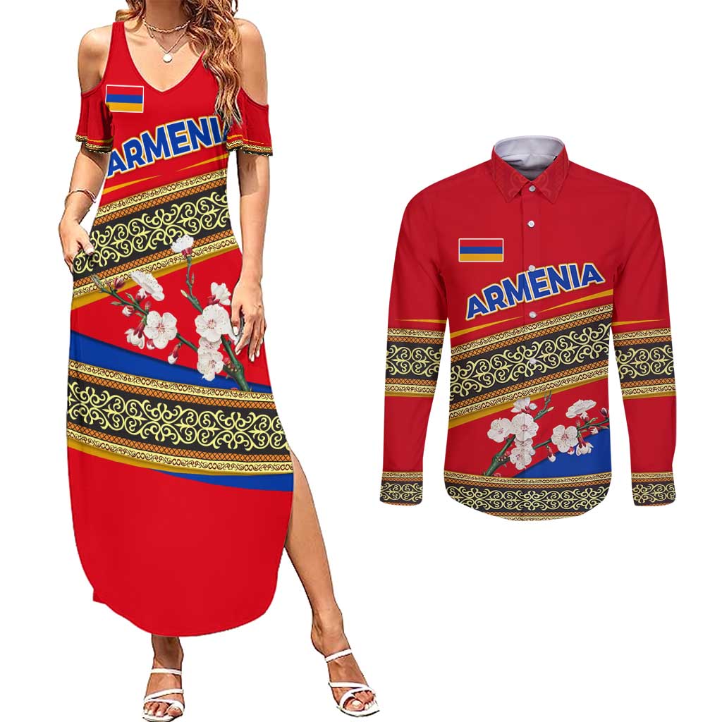 Armenia Traditional Pattern Couples Matching Summer Maxi Dress and Long Sleeve Button Shirt with Floral Motif and National Flag Design - Wonder Print Shop