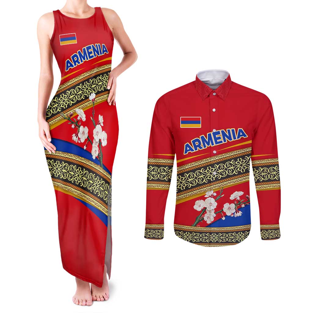 Armenia Traditional Pattern Couples Matching Tank Maxi Dress and Long Sleeve Button Shirt with Floral Motif and National Flag Design - Wonder Print Shop