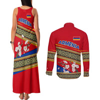 Armenia Traditional Pattern Couples Matching Tank Maxi Dress and Long Sleeve Button Shirt with Floral Motif and National Flag Design - Wonder Print Shop