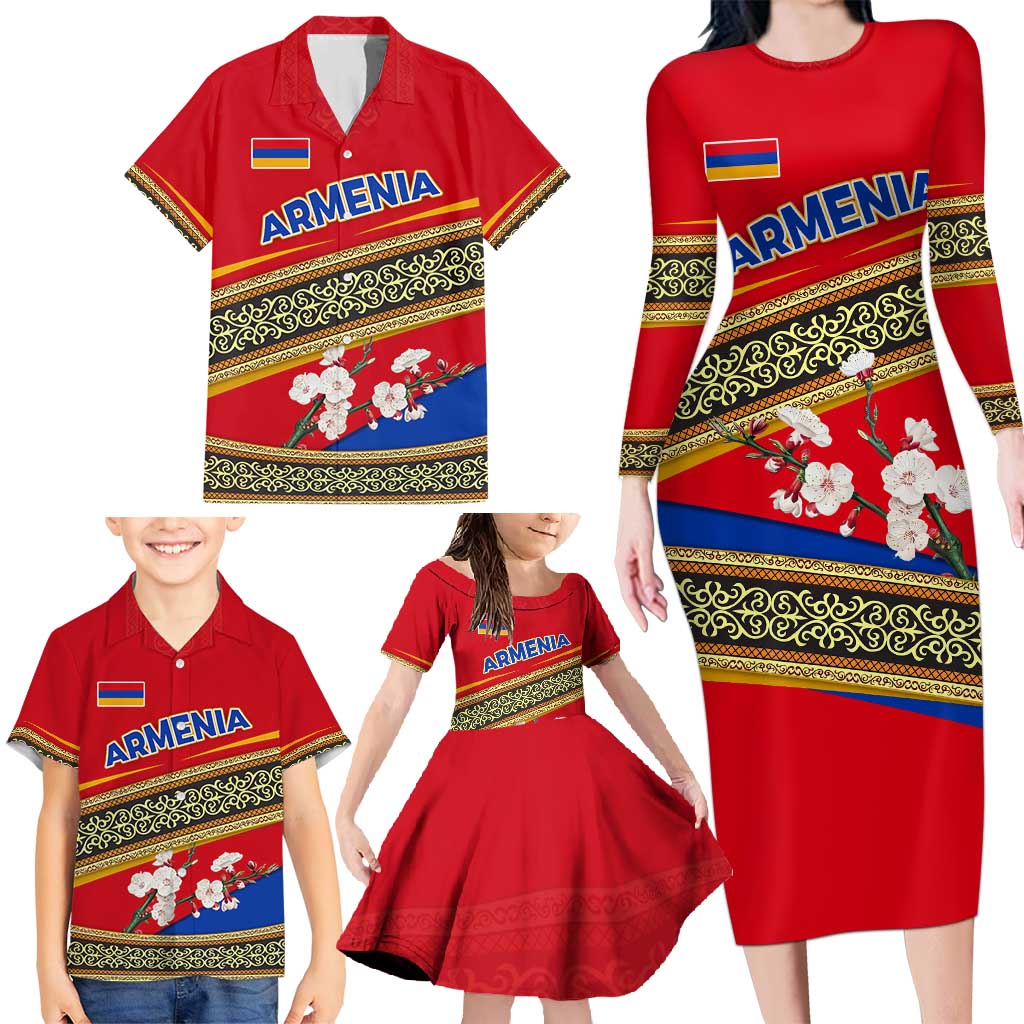 Armenia Traditional Pattern Family Matching Long Sleeve Bodycon Dress and Hawaiian Shirt with Floral Motif and National Flag Design - Wonder Print Shop