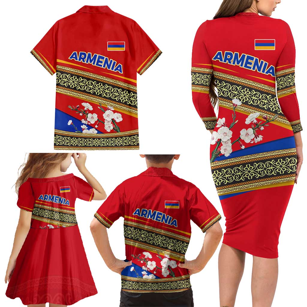 Armenia Traditional Pattern Family Matching Long Sleeve Bodycon Dress and Hawaiian Shirt with Floral Motif and National Flag Design - Wonder Print Shop