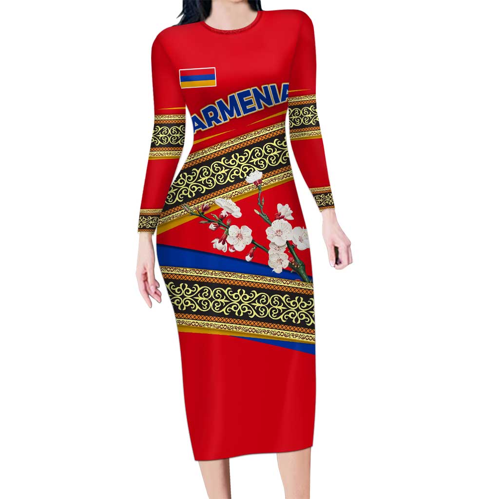 Armenia Traditional Pattern Family Matching Long Sleeve Bodycon Dress and Hawaiian Shirt with Floral Motif and National Flag Design - Wonder Print Shop