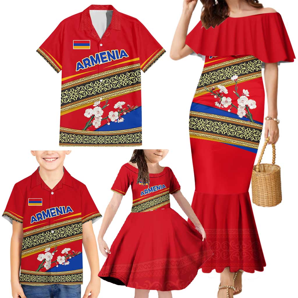 Armenia Traditional Pattern Family Matching Mermaid Dress and Hawaiian Shirt with Floral Motif and National Flag Design - Wonder Print Shop