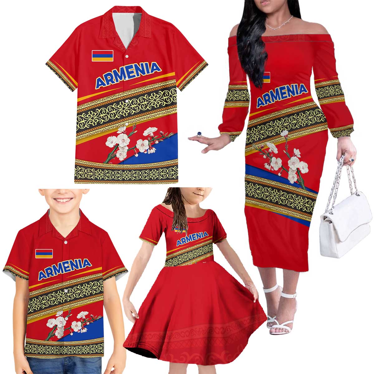 Armenia Traditional Pattern Family Matching Off The Shoulder Long Sleeve Dress and Hawaiian Shirt with Floral Motif and National Flag Design - Wonder Print Shop