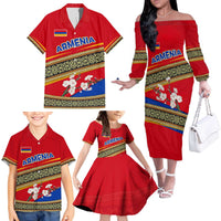 Armenia Traditional Pattern Family Matching Off The Shoulder Long Sleeve Dress and Hawaiian Shirt with Floral Motif and National Flag Design - Wonder Print Shop