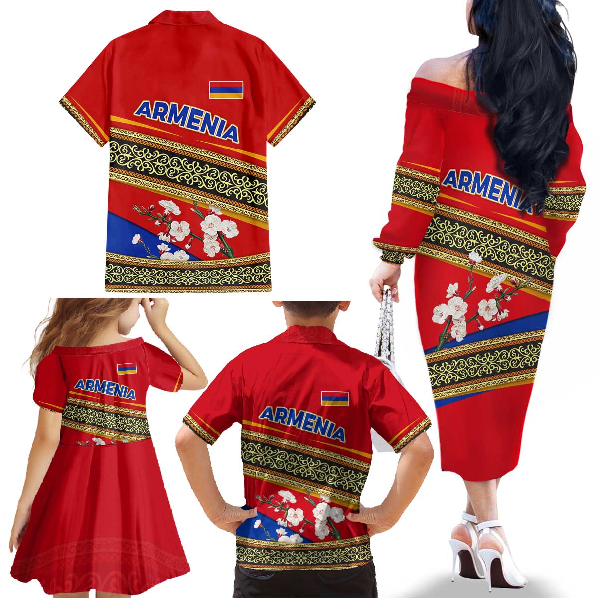 Armenia Traditional Pattern Family Matching Off The Shoulder Long Sleeve Dress and Hawaiian Shirt with Floral Motif and National Flag Design - Wonder Print Shop