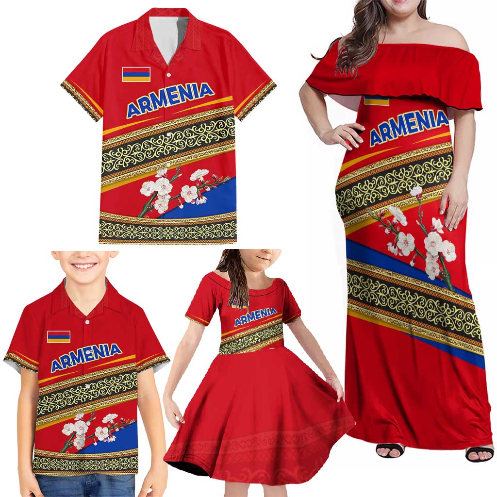 Armenia Traditional Pattern Family Matching Off Shoulder Maxi Dress and Hawaiian Shirt with Floral Motif and National Flag Design - Wonder Print Shop