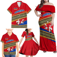 Armenia Traditional Pattern Family Matching Off Shoulder Maxi Dress and Hawaiian Shirt with Floral Motif and National Flag Design - Wonder Print Shop