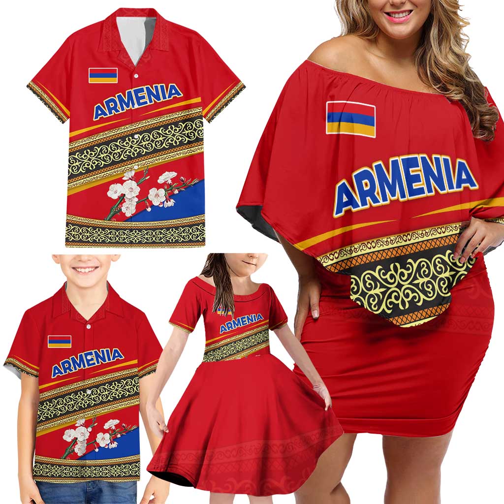 Armenia Traditional Pattern Family Matching Off Shoulder Short Dress and Hawaiian Shirt with Floral Motif and National Flag Design - Wonder Print Shop