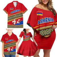 Armenia Traditional Pattern Family Matching Off Shoulder Short Dress and Hawaiian Shirt with Floral Motif and National Flag Design - Wonder Print Shop