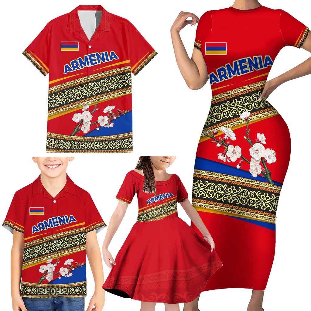 Armenia Traditional Pattern Family Matching Short Sleeve Bodycon Dress and Hawaiian Shirt with Floral Motif and National Flag Design - Wonder Print Shop