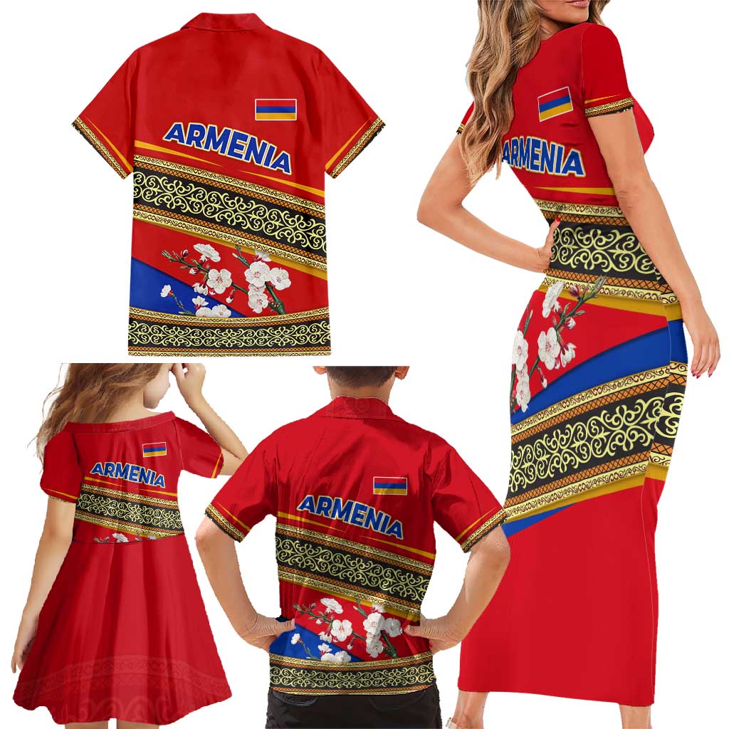 Armenia Traditional Pattern Family Matching Short Sleeve Bodycon Dress and Hawaiian Shirt with Floral Motif and National Flag Design - Wonder Print Shop