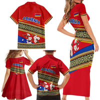 Armenia Traditional Pattern Family Matching Short Sleeve Bodycon Dress and Hawaiian Shirt with Floral Motif and National Flag Design - Wonder Print Shop