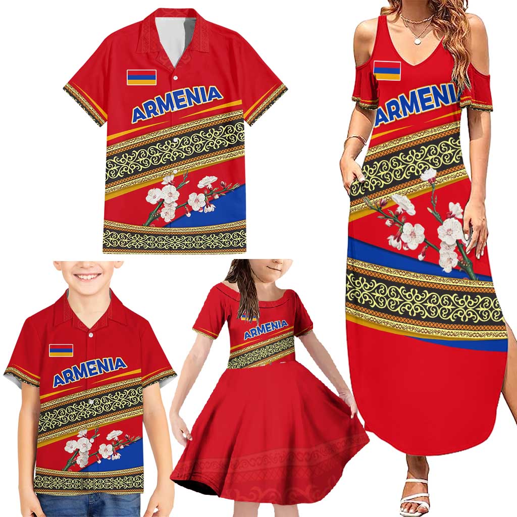 Armenia Traditional Pattern Family Matching Summer Maxi Dress and Hawaiian Shirt with Floral Motif and National Flag Design - Wonder Print Shop