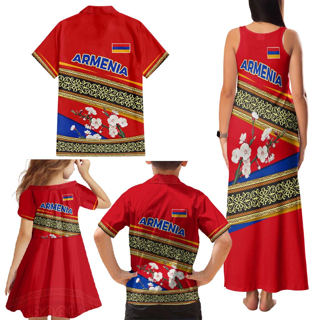 Armenia Traditional Pattern Family Matching Tank Maxi Dress and Hawaiian Shirt with Floral Motif and National Flag Design - Wonder Print Shop