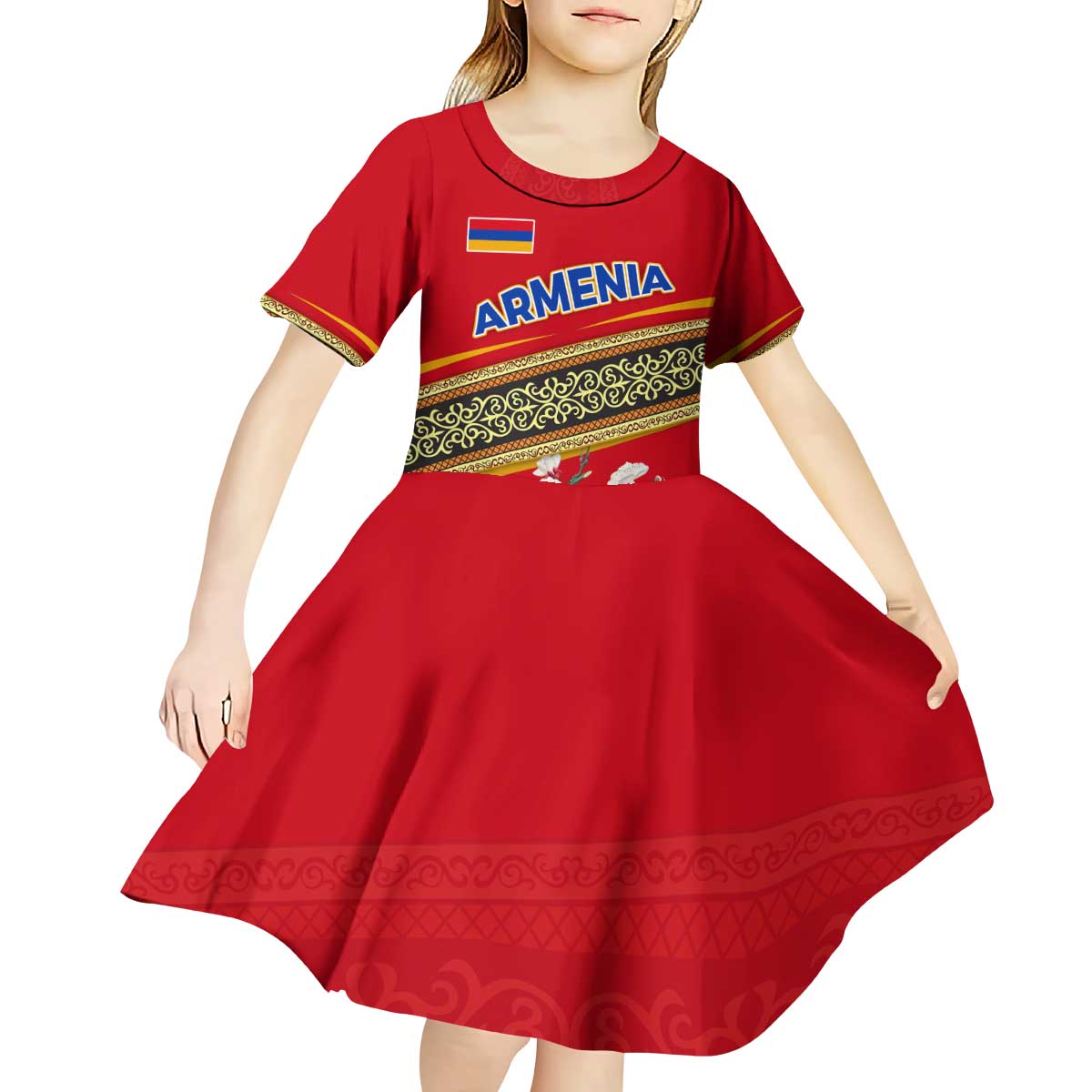 Armenia Traditional Pattern Kid Short Sleeve Dress with Floral Motif and National Flag Design - Wonder Print Shop