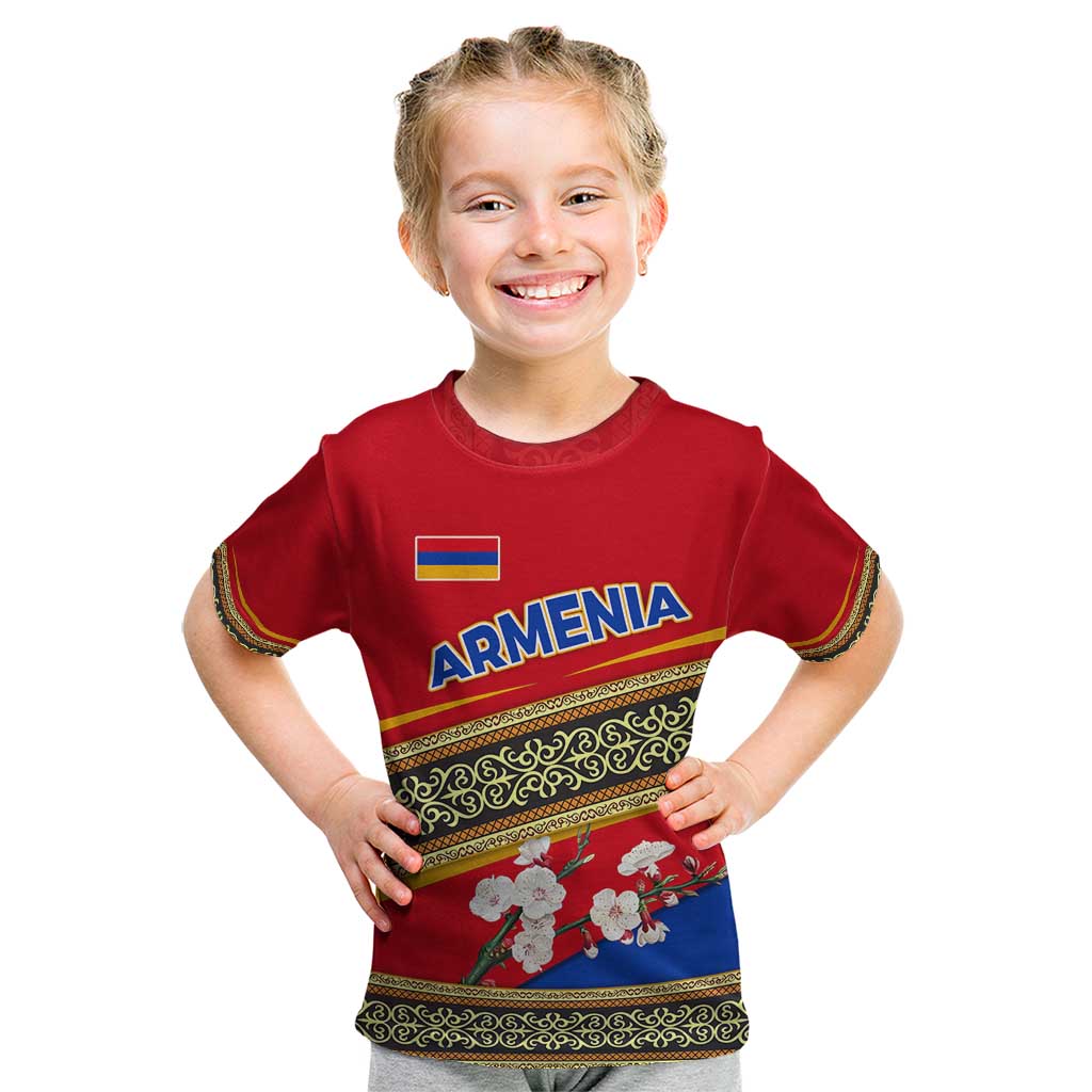 Armenia Traditional Pattern Kid T Shirt with Floral Motif and National Flag Design - Wonder Print Shop
