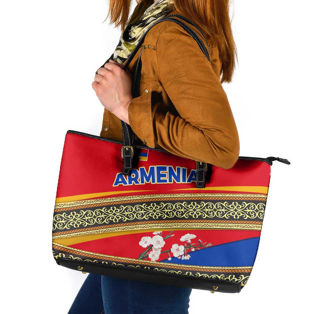 Armenia Traditional Pattern Leather Tote Bag with Floral Motif and National Flag Design - Wonder Print Shop