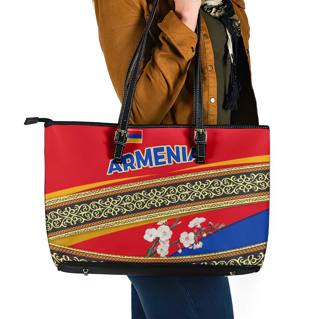 Armenia Traditional Pattern Leather Tote Bag with Floral Motif and National Flag Design - Wonder Print Shop