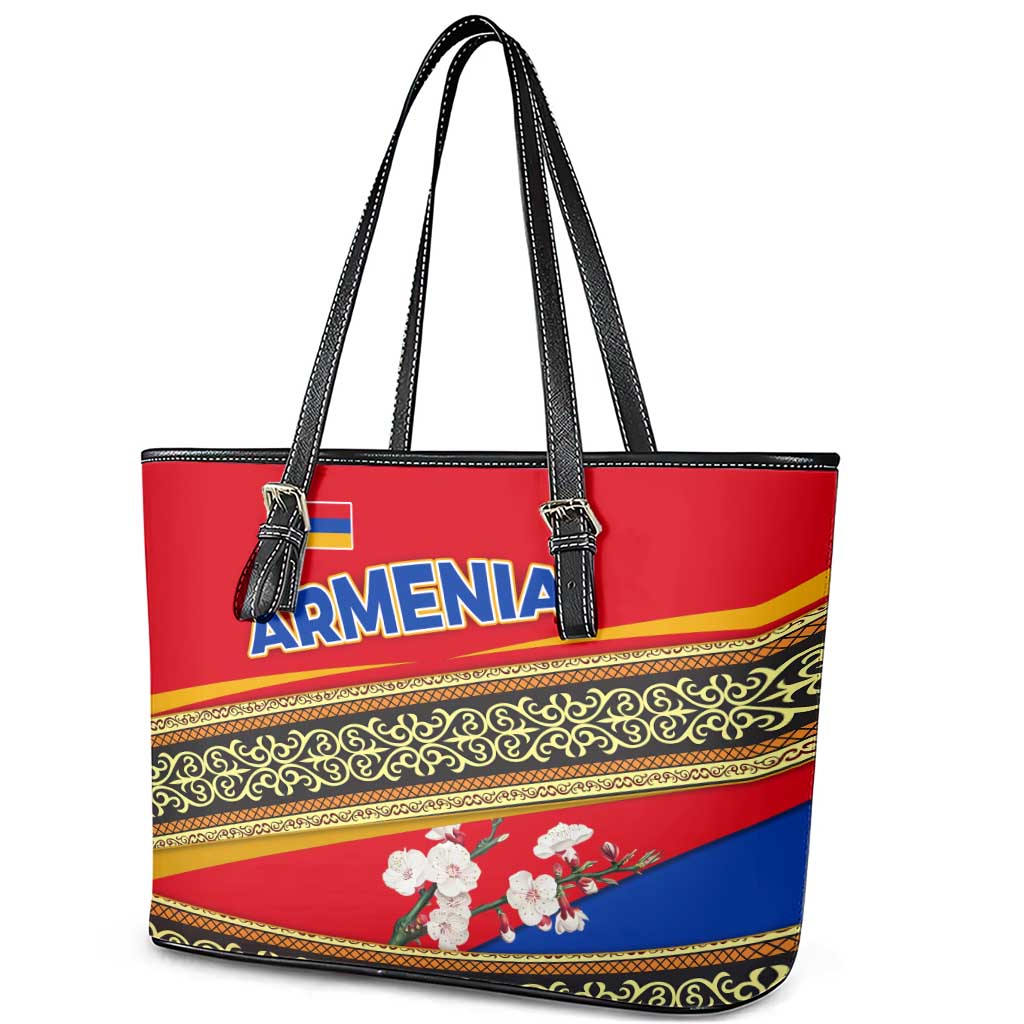 Armenia Traditional Pattern Leather Tote Bag with Floral Motif and National Flag Design - Wonder Print Shop