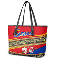 Armenia Traditional Pattern Leather Tote Bag with Floral Motif and National Flag Design - Wonder Print Shop