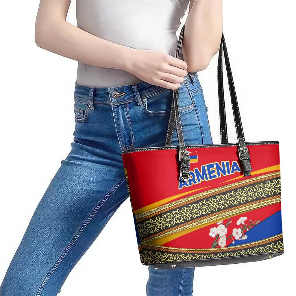 Armenia Traditional Pattern Leather Tote Bag with Floral Motif and National Flag Design - Wonder Print Shop