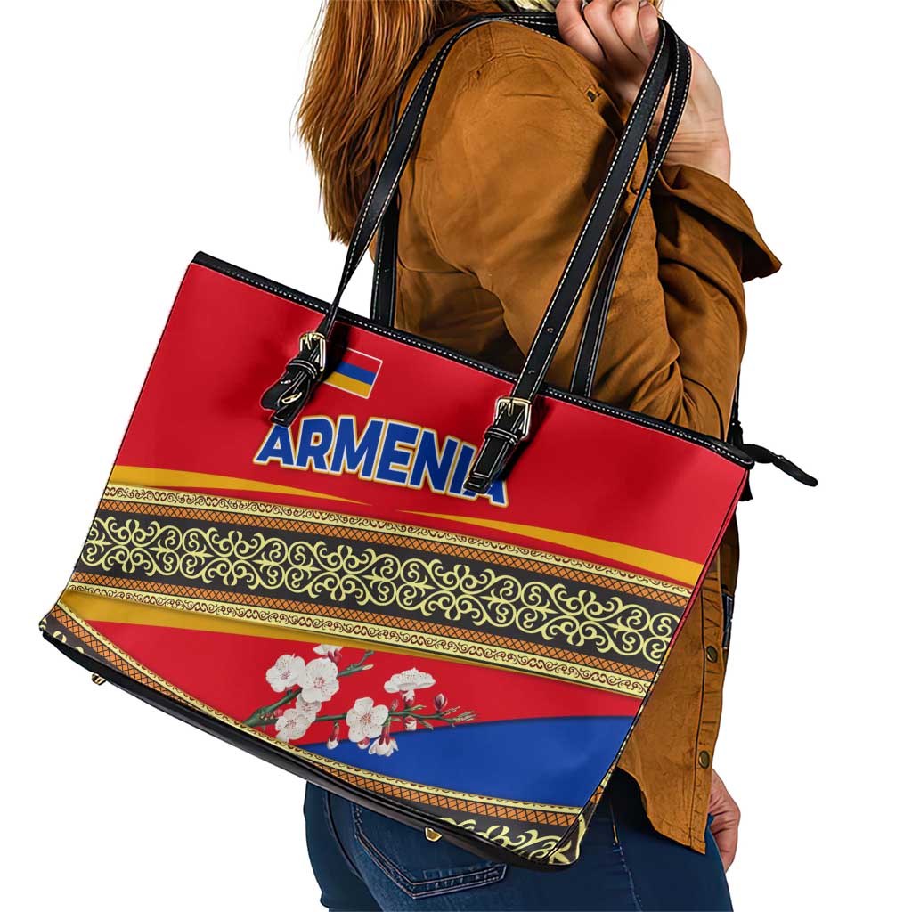 Armenia Traditional Pattern Leather Tote Bag with Floral Motif and National Flag Design - Wonder Print Shop
