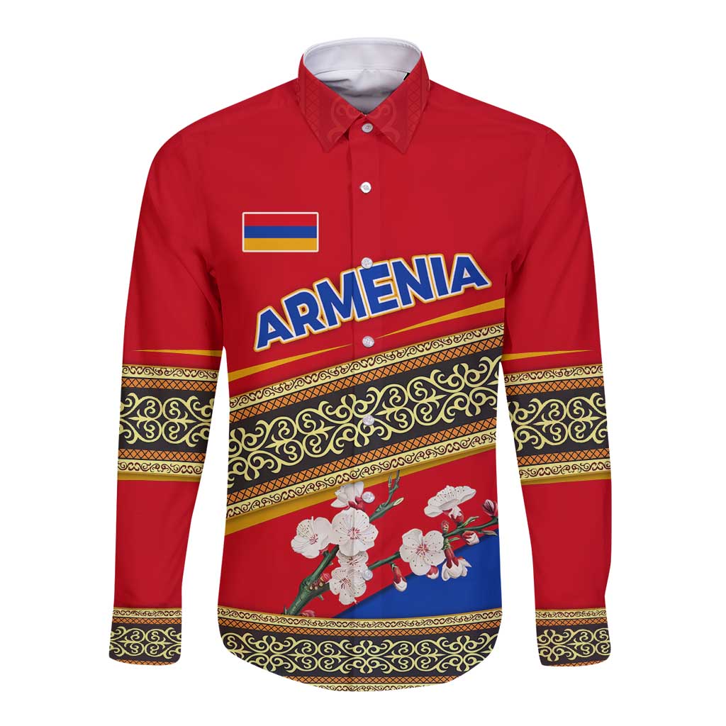 Armenia Traditional Pattern Long Sleeve Button Shirt with Floral Motif and National Flag Design - Wonder Print Shop