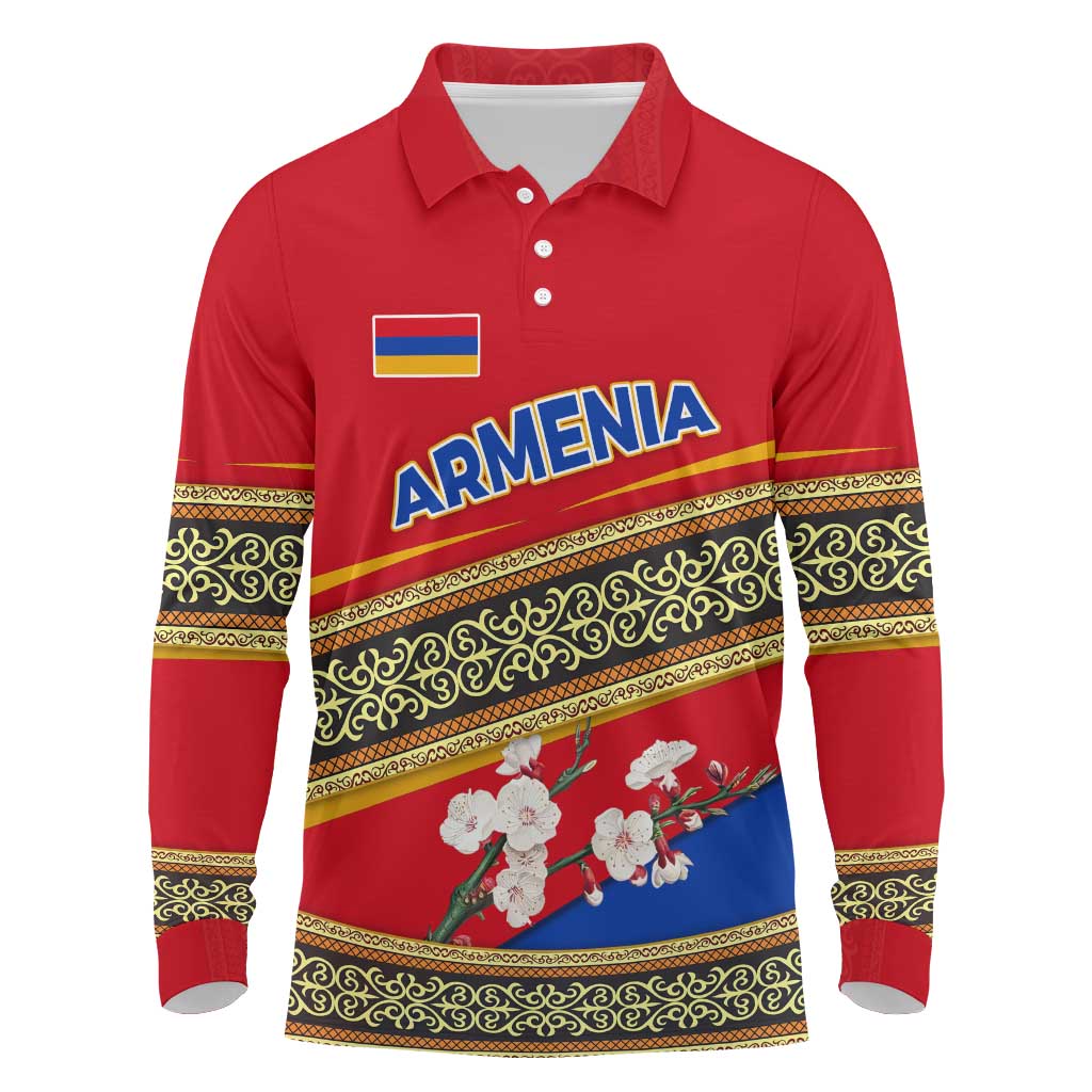 Armenia Traditional Pattern Long Sleeve Polo Shirt with Floral Motif and National Flag Design - Wonder Print Shop