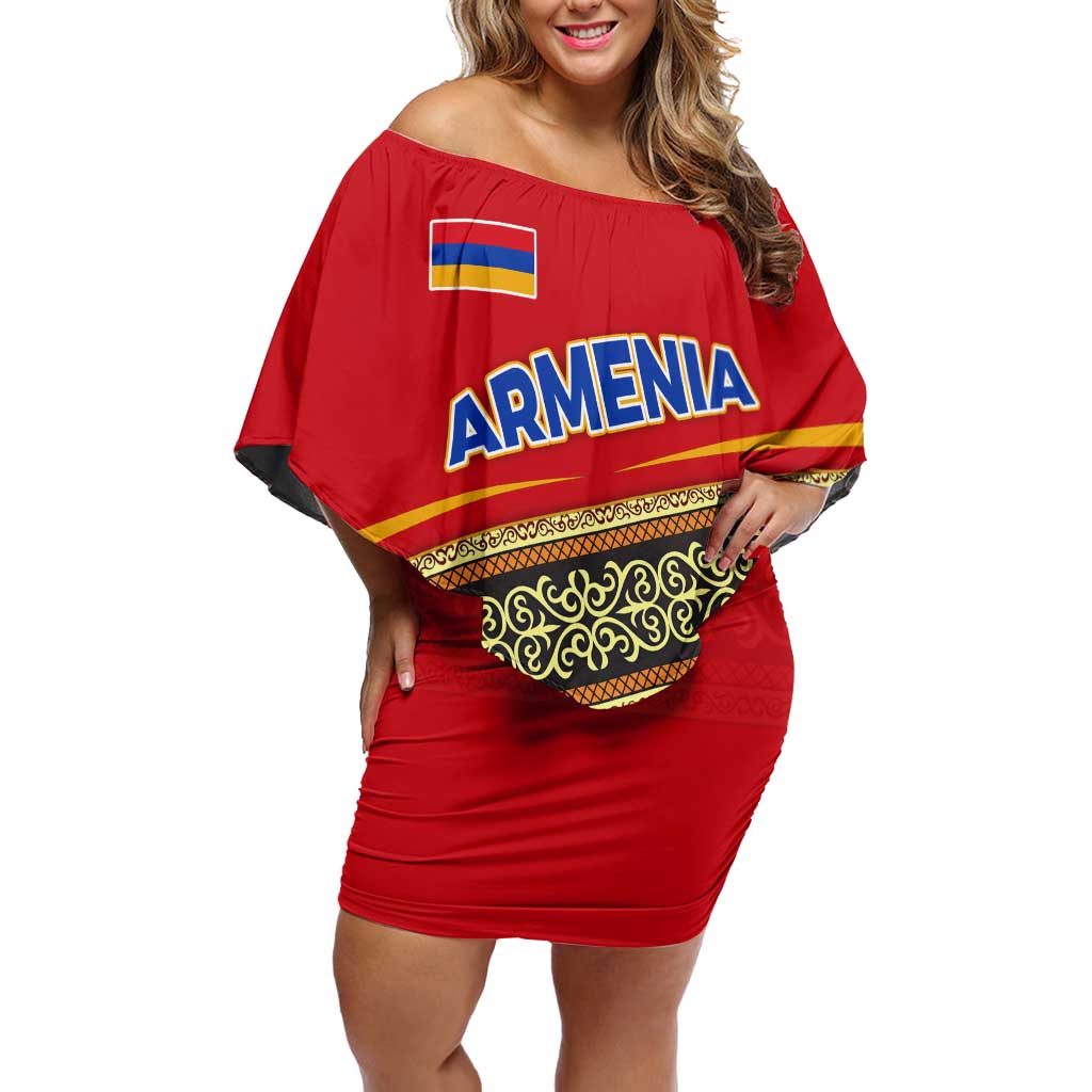 Armenia Traditional Pattern Off Shoulder Short Dress with Floral Motif and National Flag Design - Wonder Print Shop