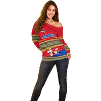 Armenia Traditional Pattern Off Shoulder Sweater with Floral Motif and National Flag Design - Wonder Print Shop
