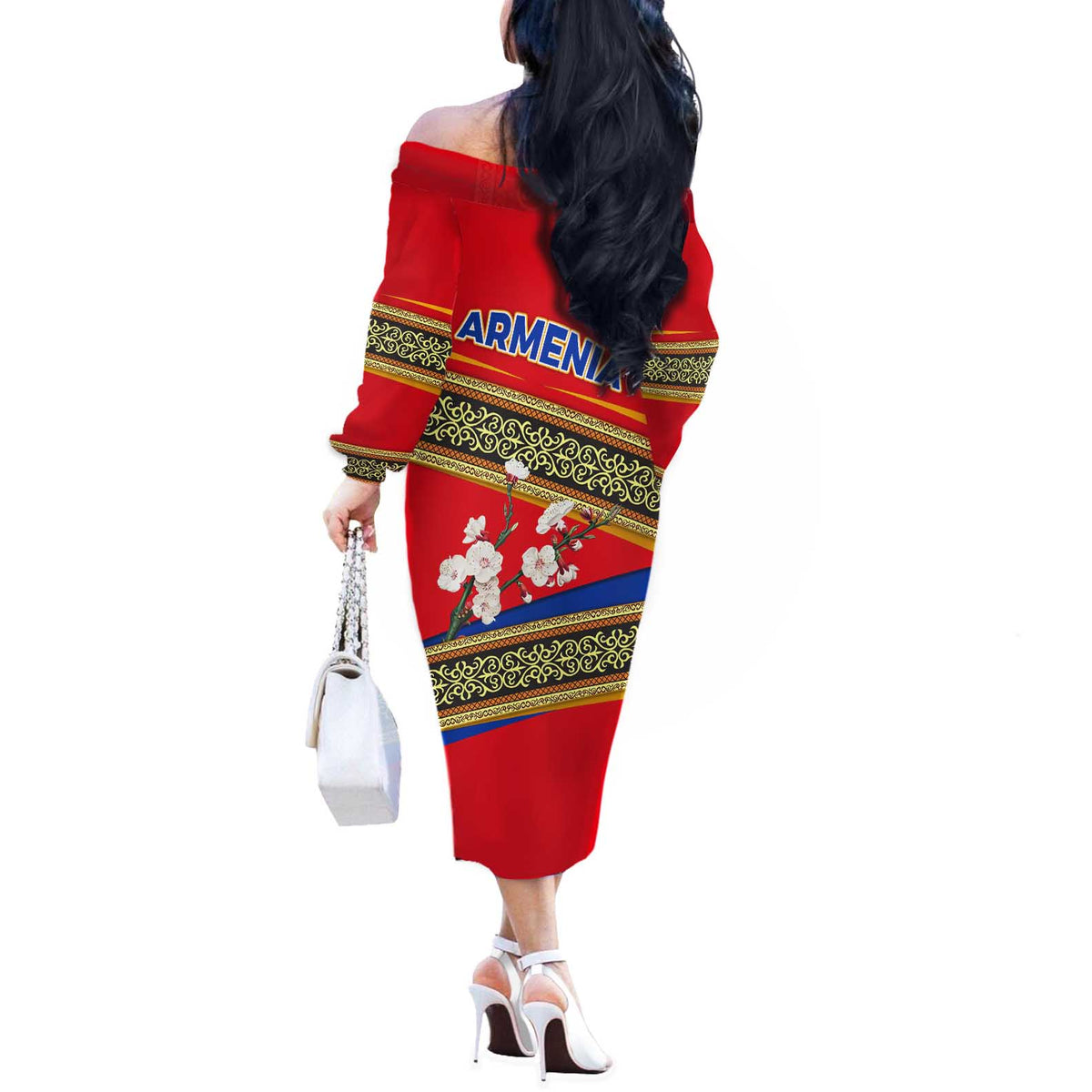Armenia Traditional Pattern Off The Shoulder Long Sleeve Dress with Floral Motif and National Flag Design - Wonder Print Shop