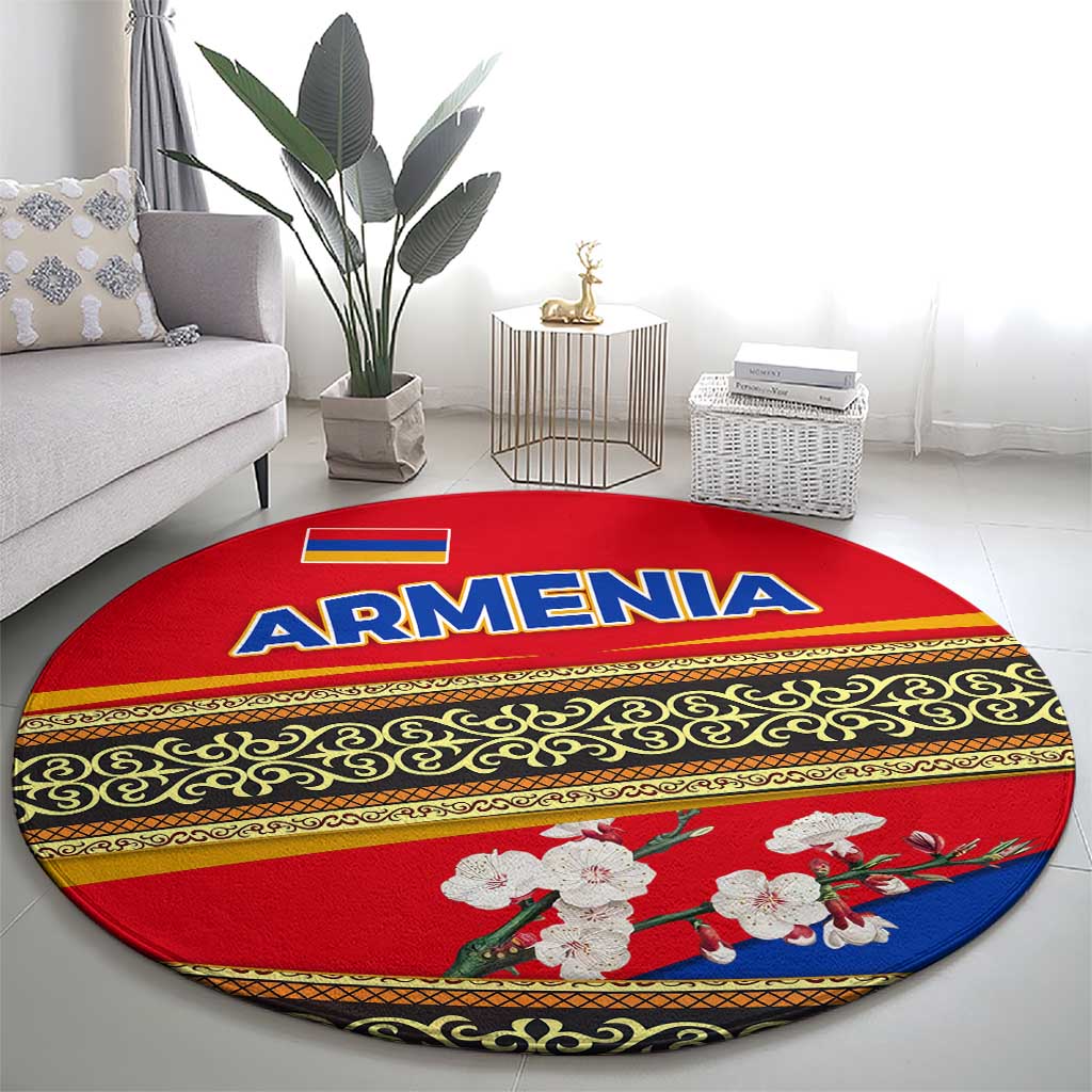 Armenia Traditional Pattern Round Carpet with Floral Motif and National Flag Design - Wonder Print Shop