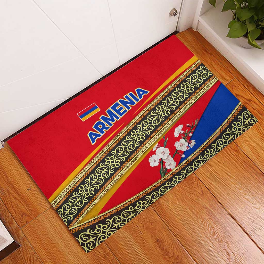 Armenia Traditional Pattern Rubber Doormat with Floral Motif and National Flag Design - Wonder Print Shop