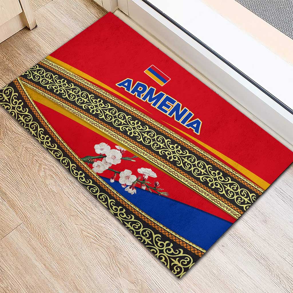 Armenia Traditional Pattern Rubber Doormat with Floral Motif and National Flag Design - Wonder Print Shop