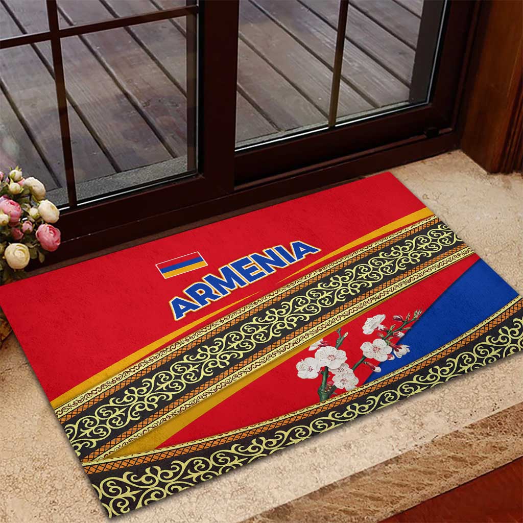 Armenia Traditional Pattern Rubber Doormat with Floral Motif and National Flag Design - Wonder Print Shop